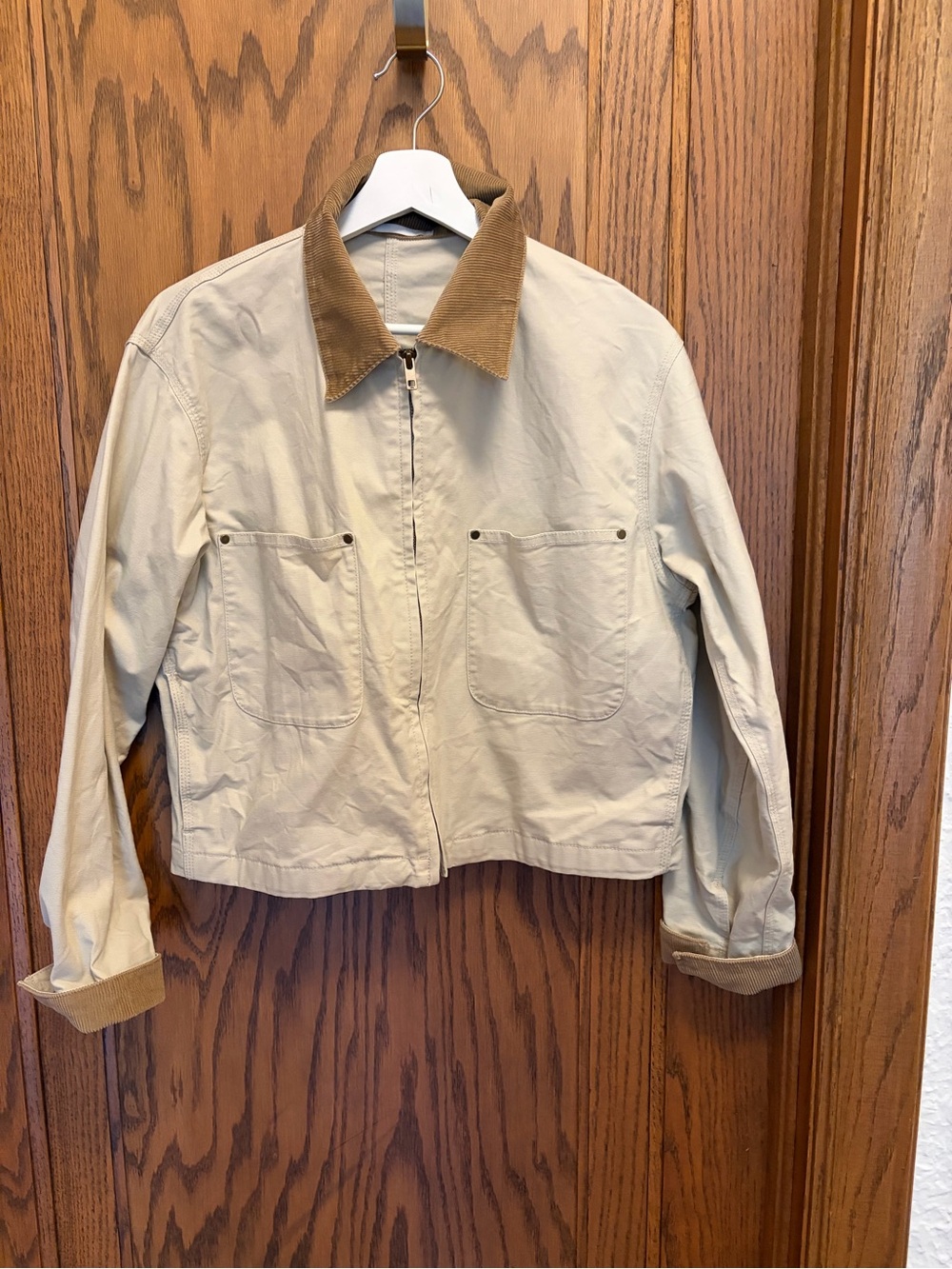 Uniqlo Cream Bomber Jacket with Tan Corduroy Collar